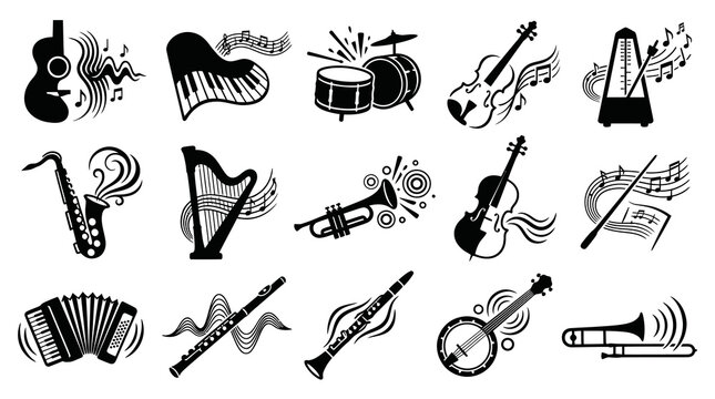 Black and white vector icons of musical instruments and symbols