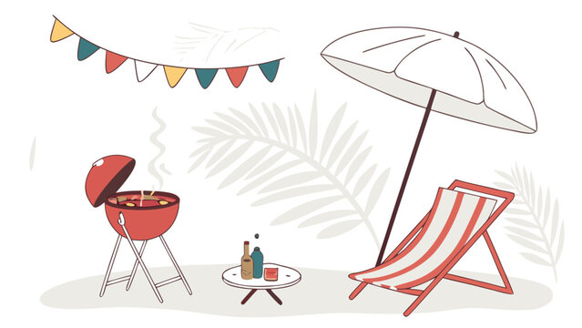 Colorful outdoor barbecue setup with striped deck chair and umbrella