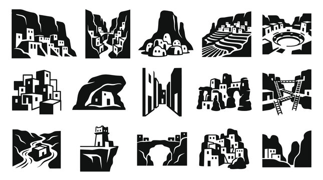 Ancient Pueblo Village Icons, Black and White Cliff Dwelling Art Style