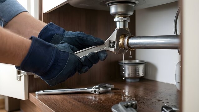 Close-Up of Plumber Hands Repairing Leaking Pipe Under Kitchen Sink with Wrench, Emergency Plumbing Fix, Water Dripping, Professional Maintenance Service Concept, No Face, Home Repair