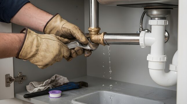 Close-Up of Plumber Hands Repairing Leaking Pipe Under Kitchen Sink with Wrench, Emergency Plumbing Fix, Water Dripping, Professional Maintenance Service Concept, No Face, Home Repair