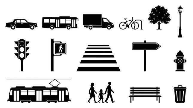Black  White Vector Icons: City Traffic, Street Furniture, Pedestrians