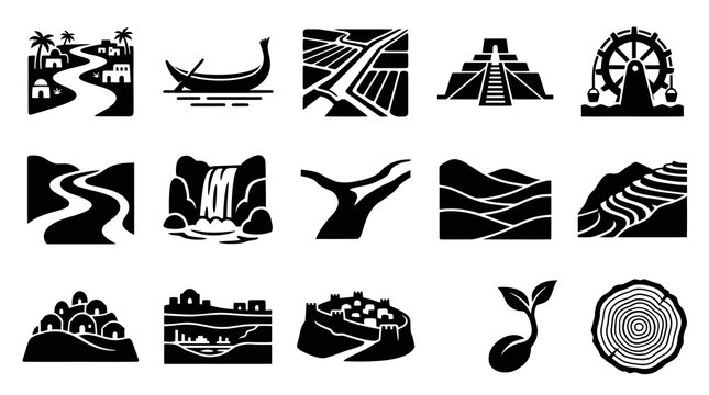 Black  White Glyph Icons: Nature, Agriculture, Architecture, and Civilization Symbols