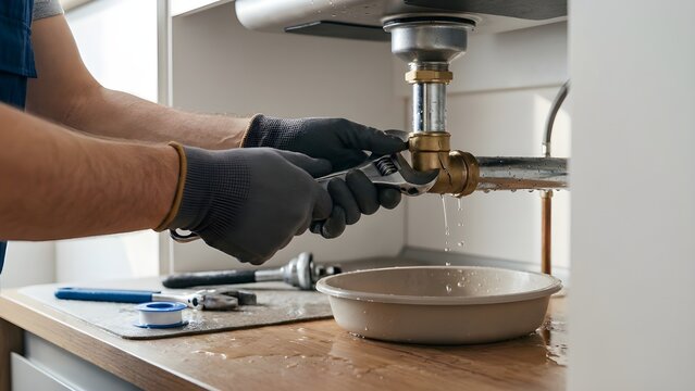 Close-Up of Plumber Hands Repairing Leaking Pipe Under Kitchen Sink with Wrench, Emergency Plumbing Fix, Water Dripping, Professional Maintenance Service Concept, No Face, Home Repair