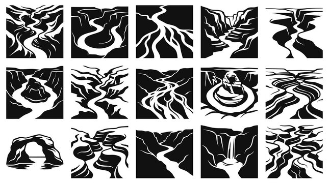 Black  White Vector Icons of River Canyons and Water Features