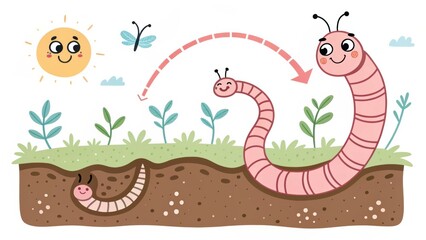 Obraz premium A cute cartoon worm jumps from underground soil to the surface under a sunny sky with plants and a flying insect nearby.