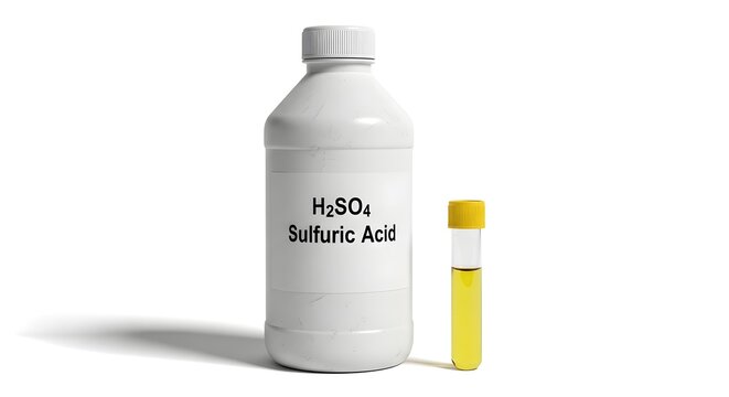 A white bottle containing sulfuric acid next to a test tube with yellow liquid