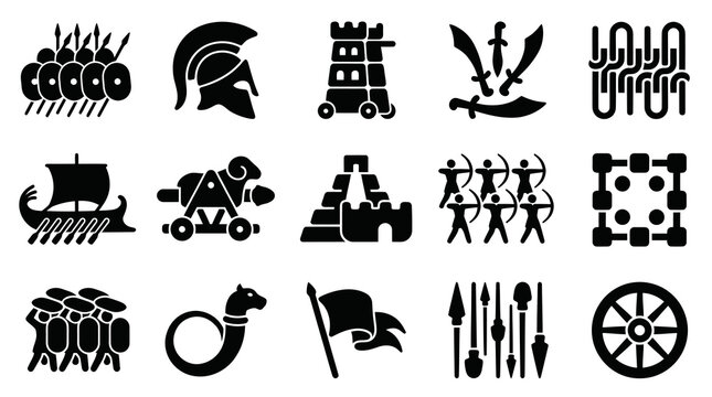 Ancient War Symbols - Roman Helmet, Ships, Catapult, Flags, Weapons, Icons