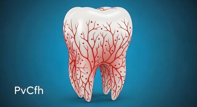 Detailed anatomical view of a healthy human molar tooth with visible blood vessels