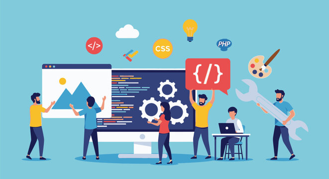 People working together on coding project with technology and tools