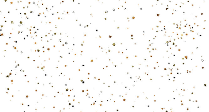 Abstract image of golden star confetti on white. Perfect for backgrounds, celebrations, and festive designs. Use for par