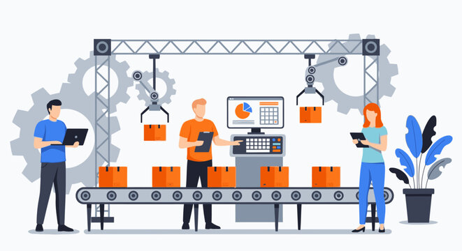 Workers inspect packages on a factory assembly line with equipment