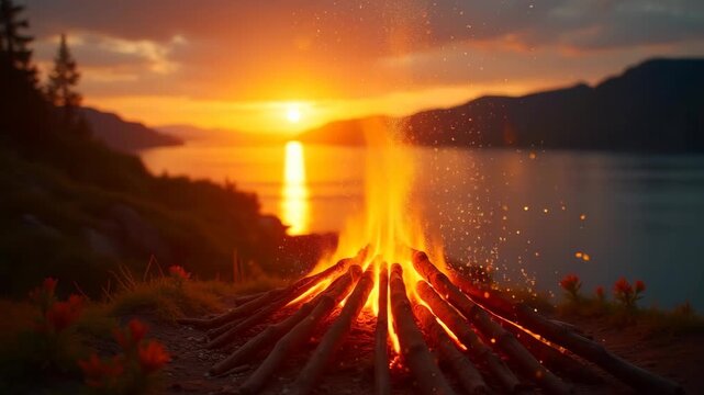 Midsummer Scandinavian bonfire on fjord cliff with golden sparks rising into midnight sun sky at solstice