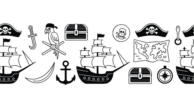 Pirate ships and treasures illustrated on a map with various pirate symbols