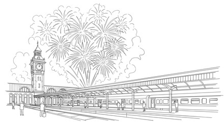Fototapeta premium Fireworks Over Train Station Sketch Illustration