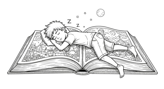 Boy Sleeping on Open Book Dream Illustration