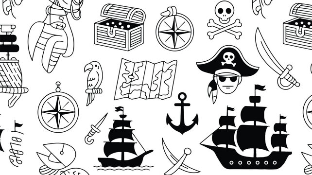 Black and white illustration showing various pirate symbols and objects on white background