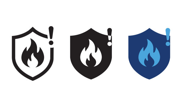 Three variations of a shield icon with a fire flame and an exclamation mark symbol