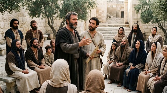 Man preacher teaching group of man, woman, and child in biblical setting. Biblical scene of faithful people listening to spiritual lesson. Religious historical gathering and tradition.