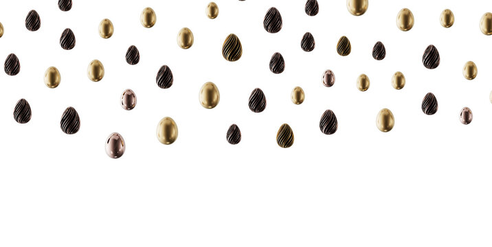 Stylish abstract Easter eggs background. Gold, black and rose gold egg shapes on white, perfect for festive designs.