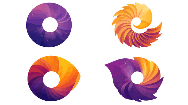 Four abstract spiral shapes, with gradients from purple to yellow on a white background