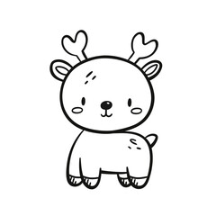Fototapeta premium Cute cartoon deer with antlers, simple black and white line art drawing for children.