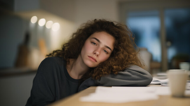 Exhausted young founder slumped over kitchen table at 3am, scattered invoices and empty coffee mugs surrounding her, dim overhead light casting harsh shadows, pivot whiteboard