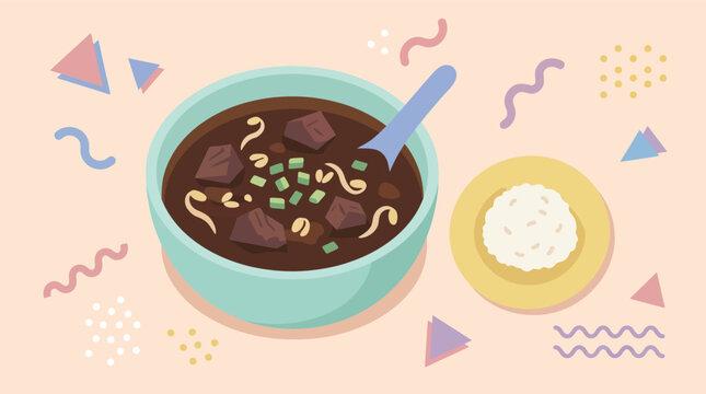 Indonesian Rawon Beef Soup Illustration with Black Broth, Sprouts, and Rice in Modern Memphis Style