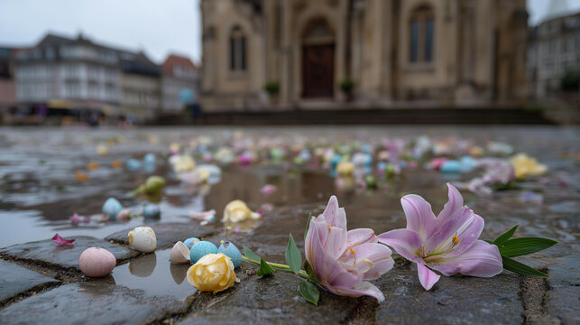 Rain soaked cobblestones outside a cathedral where wilted lilies and broken Easter egg shells remain after the morning crowd dispersed, grey sky reflection in puddles, aftermath