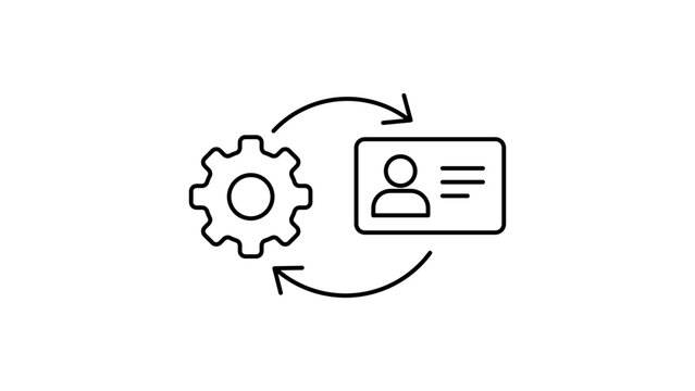 CRM Automation and Customer Data Management Vector Icon Illustration. Minimalist Black Line Art Featuring a Gear and ID Card with Circular Arrows. Editable Stroke for Custom Line Weight Control.