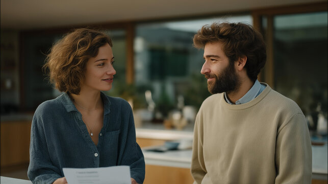 Two cofounders arguing quietly across a narrow kitchen island at home, spreadsheets between them, one holding resignation letter, morning light harsh and cold, perfect for