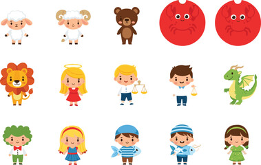 Naklejka premium Zodiac and Character Illustration Set with Animals and People, Sheep, Lion, Crab, Dragon, Angel, and More for Fun and Playful Designs