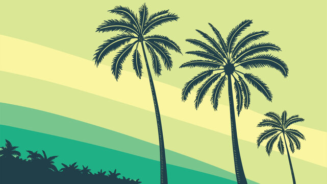 Three tall palm trees against colorful gradient sunset background