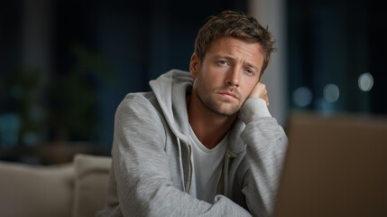 Fototapeta premium Tired founder in wrinkled hoodie posting a hiring tweet from modest apartment couch, handwritten job description beside him, nearly empty wallet visible on cushion, ideal for
