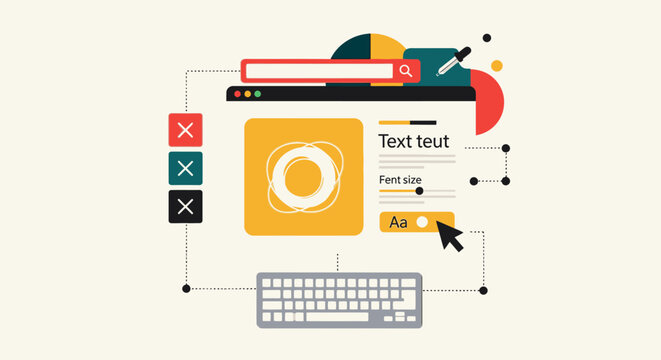 A vibrant graphic design interface on a computer screen displays various elements.