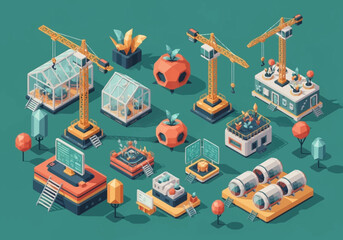 Obraz premium Isometric illustration of construction elements and futuristic buildings with cranes and greenhouses.