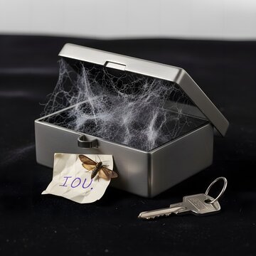 A metal box filled with cobwebs, an iou note with a moth, and a key