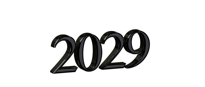 Bold 3D rendering of the year 2029 with a glossy black finish against a clean white backdrop.