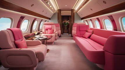 Fototapeta premium Private plane pink interior with wooden tables and leather seats