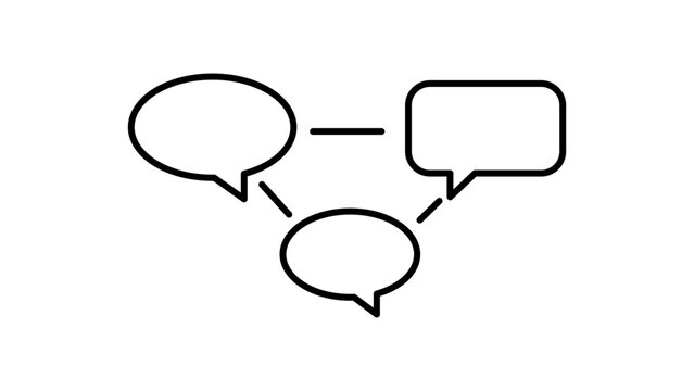 Minimalist Black Line Vector Icon of Interconnected Speech Bubbles on White Background Representing Social Media Communication and Networking with Editable Stroke and Scalable Outline Design.