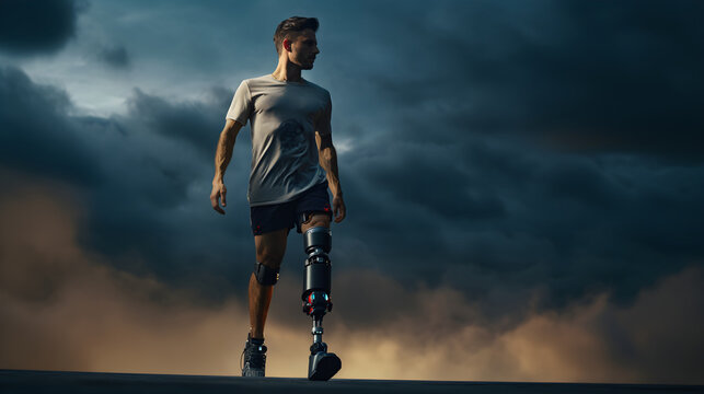 Man with prosthetic leg walking outdoor - Fitness and disability concept - Focus on bionic leg