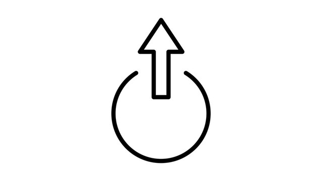 Social media share and upload symbol, minimalist black line vector icon of an arrow pointing up from a circle. Clean outline illustration with editable stroke for adjustable line weight.