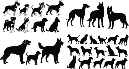 Fototapeta premium Dog silhouettes collection featuring various breeds in sitting standing and walking poses isolated on white background