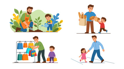 Fototapeta premium Father and Child Activities Collage: A collage of four illustrations depicting a father engaging in various activities with his child, including gardening, grocery shopping, shopping for clothes.