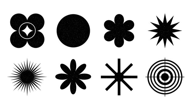 A set of abstract geometric icons in black featuring starbursts, floral shapes, targets, and bold modern symbols.