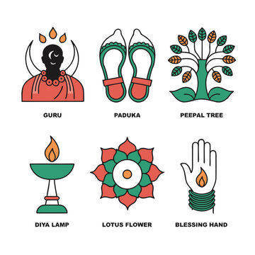 Hindu religious symbols vector illustration with guru paduka peepal tree and diya lamp