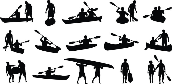 Large set of kayaking silhouettes featuring people paddling canoes carrying boats and water sports equipment isolated on white background