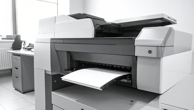 Modern Office Multifunction Printer Copier Scanner Machine in Use.