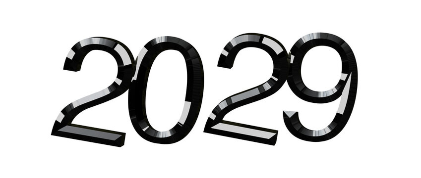 Bold graphic of the year 2029 with a modern, metallic finish against a clean white backdrop, ideal f