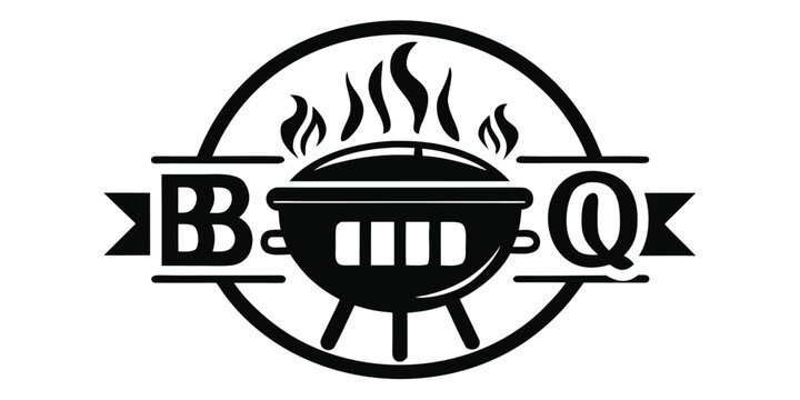 Black and white bbq grill logo with flames and bq letters